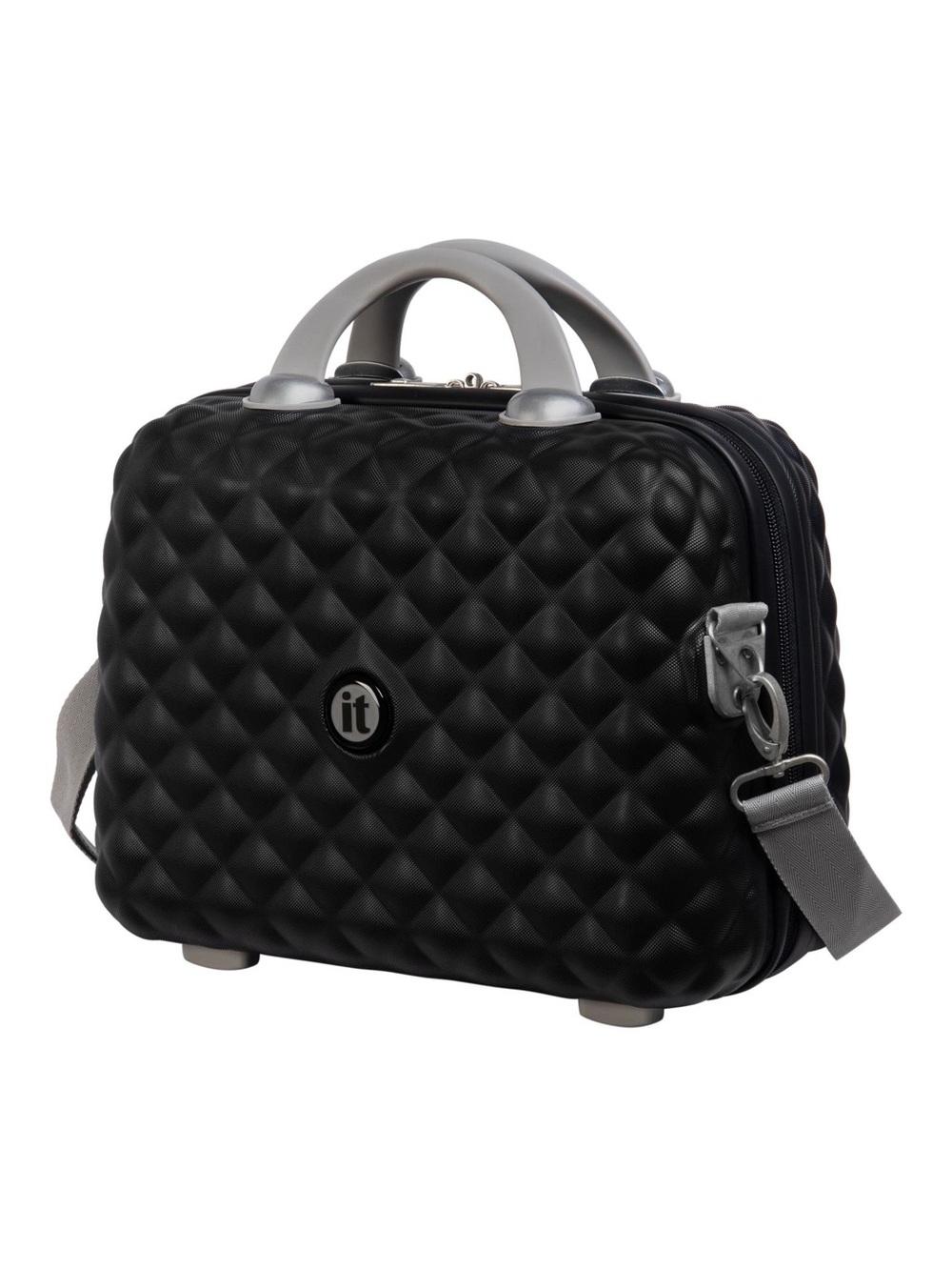 IT GLITZY QUILTED HARDSIDE VANITY CASE MATTE BLACK NEW WITH SHOULDER STRAP